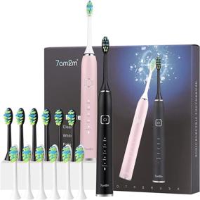 img 4 attached to 7am2m Electric Toothbrush Set: 2 Pack for Kids and Adults with 12 Brush Heads, 5 Modes, Smart Timer, Fast Wireless Charge - IPX7 Waterproof Sonic Toothbrush in Black+Pink