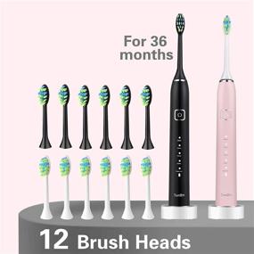 img 2 attached to 7am2m Electric Toothbrush Set: 2 Pack for Kids and Adults with 12 Brush Heads, 5 Modes, Smart Timer, Fast Wireless Charge - IPX7 Waterproof Sonic Toothbrush in Black+Pink