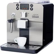 ☕ black gaggia brera super automatic espresso machine with pannarello wand for latte and cappuccino drinks. enjoy espresso using pre-ground or whole bean coffee. logo