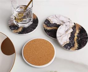 img 1 attached to 🖤 RoomTalks Black and Gold Marble Coasters for Drinks - Set of 4 Absorbent Modern Abstract Ceramic Coasters with Cork Back - Glitter Faux Metallic Rock Stone Design for Wooden/Coffee Table (Black)