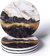 🖤 roomtalks black and gold marble coasters for drinks - set of 4 absorbent modern abstract ceramic coasters with cork back - glitter faux metallic rock stone design for wooden/coffee table (black) логотип