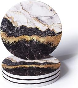 img 4 attached to 🖤 RoomTalks Black and Gold Marble Coasters for Drinks - Set of 4 Absorbent Modern Abstract Ceramic Coasters with Cork Back - Glitter Faux Metallic Rock Stone Design for Wooden/Coffee Table (Black)