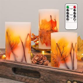 img 3 attached to CRYSTAL CLUB Maple Leaves Flameless Candles with Timer: Set of 3, Remote Control & Flickering LED Pillar Candles for Fall Decorations