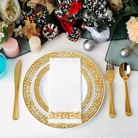 img 1 attached to 🌟 Stunning 210-Piece Gold Plastic Dinnerware Set with Dinner Plates, Dessert Plates, Cups, Napkins & Silverware: Perfect for Parties and Events!