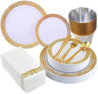 🌟 stunning 210-piece gold plastic dinnerware set with dinner plates, dessert plates, cups, napkins & silverware: perfect for parties and events! logo