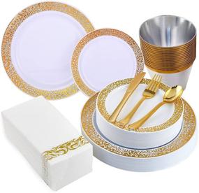 img 4 attached to 🌟 Stunning 210-Piece Gold Plastic Dinnerware Set with Dinner Plates, Dessert Plates, Cups, Napkins & Silverware: Perfect for Parties and Events!