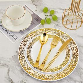 img 2 attached to 🌟 Stunning 210-Piece Gold Plastic Dinnerware Set with Dinner Plates, Dessert Plates, Cups, Napkins & Silverware: Perfect for Parties and Events!