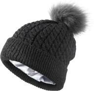 winter cable knit hat for women – satin lined & cuffed beanie with removable faux fur pompom – silky warm hat logo