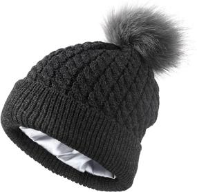 img 4 attached to Winter Cable Knit Hat for Women – Satin Lined & Cuffed Beanie with Removable Faux Fur Pompom – Silky Warm Hat