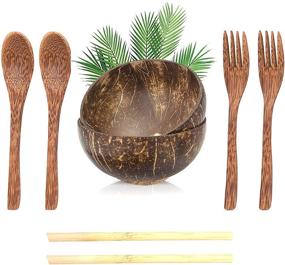 img 4 attached to 🥥 Chop Island 10pcs Wooden Bowl and Spoon Set - Acacia Spoon-Forks, Bamboo Straws, Rope Stands, Coconut Shell Bowls and Wooden Spoon Sets for Smoothies