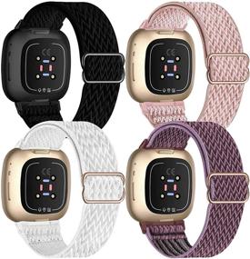 img 4 attached to UHKZ 4 Pack Elastic Nylon Bands for Fitbit Versa 3/Sense - Adjustable Stretchy Sport Bands for Women & Men - Black/Rose Pink/White/Smokey Mauve