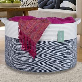 img 4 attached to Extra Large Cotton Rope Blanket Basket, 21.7”x 13.8”, Laundry Baskets, Toy Storage, Clothes Organizer, XXXL Woven Basket in Blend White & Navy Blue