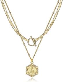 img 4 attached to 🔥 Gold Layered Initial Necklace for Women Girls - 14K Gold Plated Hexagon Letter Necklace with Capital Monogram Pendant, Toggle Clasp, Layering Figaro Bead Chain - KissYan