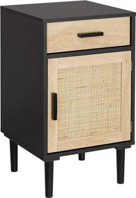 img 3 attached to 🌙 Finnhomy Tall Nightstand, End Table & Side Table with Drawer & Shelf - Handmade Rattan Decorated Doors & Wood Accent - Storage Table for Bedroom, Black (2 Pack)