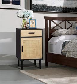 img 1 attached to 🌙 Finnhomy Tall Nightstand, End Table & Side Table with Drawer & Shelf - Handmade Rattan Decorated Doors & Wood Accent - Storage Table for Bedroom, Black (2 Pack)