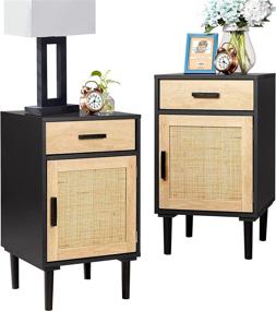 img 4 attached to 🌙 Finnhomy Tall Nightstand, End Table & Side Table with Drawer & Shelf - Handmade Rattan Decorated Doors & Wood Accent - Storage Table for Bedroom, Black (2 Pack)