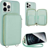 👜 zve wallet case for iphone 12 pro max - rfid blocking card holder with wrist strap - women's leather handbag case - protective cover - 6.7" - bean green logo