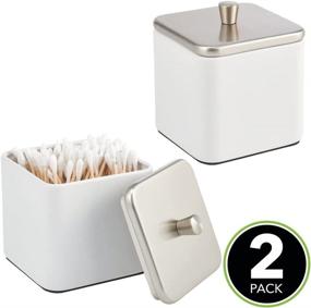 img 3 attached to mDesign Metal Bathroom Vanity Storage Organizer Canister Jar - 2 Pack - White/Steel for Cotton Swabs, Rounds, Makeup Sponges, Bath Salts