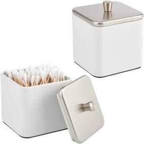 img 4 attached to mDesign Metal Bathroom Vanity Storage Organizer Canister Jar - 2 Pack - White/Steel for Cotton Swabs, Rounds, Makeup Sponges, Bath Salts