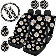 🌼 wellflyhom trendy floral daisy seat cover: stretchy, washable full set with steering wheel, seatbelt pads, cup coasters & key chains - universal fit for auto suv - ideal for women and girls logo