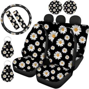 img 4 attached to 🌼 WELLFLYHOM Trendy Floral Daisy Seat Cover: Stretchy, Washable Full Set with Steering Wheel, Seatbelt Pads, Cup Coasters & Key Chains - Universal Fit for Auto SUV - Ideal for Women and Girls