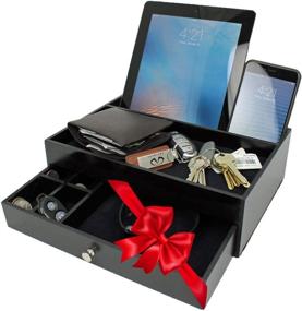 img 4 attached to 🗄️ Wooden Black Nightstand Organizer Wallet and Key Tray with Valet Drawer Charging Station - Holds Watches, Jewelry, Tablet - 5 Compartment Cell Phone Holder for Men and Women