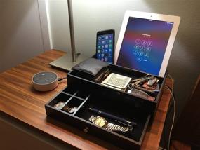 img 1 attached to 🗄️ Wooden Black Nightstand Organizer Wallet and Key Tray with Valet Drawer Charging Station - Holds Watches, Jewelry, Tablet - 5 Compartment Cell Phone Holder for Men and Women
