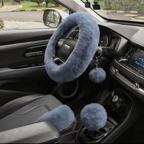 img 4 attached to Valleycomfy 4PCS Set Fluffy Steering Wheel, Handbrake & Gear Shift Cover for Women - Plush Universal Fit 15 Inch Gray