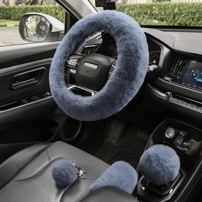 img 1 attached to Valleycomfy 4PCS Set Fluffy Steering Wheel, Handbrake & Gear Shift Cover for Women - Plush Universal Fit 15 Inch Gray