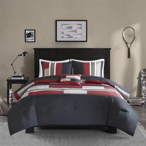 img 2 attached to 🛏️ All Season Cozy Comforter Set for Boys Bedroom Décor, Pierre Black Red Stripe, Queen Size, 4 Piece - Modern Casual Bedding for Active Lifestyles