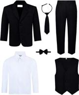 complete boy's 6-piece suit set: stylish suit jacket, dress pants, vest, matching shirt, neck tie & bow tie logo