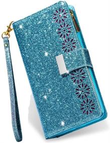 img 4 attached to 📱 Kudex iPhone 12 Pro Max Case Wallet with Card Holder - Sparkly Glitter Flip PU Leather Magnetic Kickstand Zipper Wallet Case with Card Slot and Wrist Strap for iPhone 12 Pro Max 6.7inch 5G (Blue)