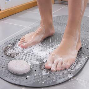 img 3 attached to 🚿 32 X 16 inch Shower Foot Scrubber Mat: Natural Pumice Stone, Oval Shape, Anti-Slip, Massaging with Suction Cups, Drain Holes - Non-Slip Exfoliating Feet Scrub Massage Bath Tub Mat