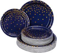 memoviva deluxe blue paper plates set - 100pcs party plates, 50 dinner plates, 50 dessert plates for graduations, birthdays, weddings - royal blue & golden dot design logo