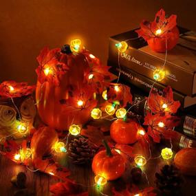 img 1 attached to 🍁 10-Foot Pumpkin Maple Leaf Garland String Lights: Battery Operated Fall Thanksgiving Decorations with 30 LEDs for Indoor Home Fireplace Mantel - Autumn Holiday Lighted Garland