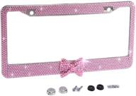 💎 premium stainless steel license plate frame with luxury rhinestone bling crystal design - fashion waterproof pink frame with pink bowtie for women - suitable for cars, trucks, and suvs (1 frame) logo