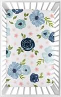 navy blue and pink watercolor floral fitted mini crib sheet for baby nursery - suitable for portable crib or pack and play - blush, green, and white shabby chic rose flower design by sweet jojo designs logo