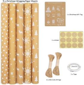 img 2 attached to 🎁 Kraft Christmas Wrapping Paper Roll - 39"x17" per sheet (23.6 sq. ft. total) - 5 Patterns - Christmas Tree, Elk, Snowflakes, Stars, Dots - Includes Jute String, Stickers, Tags, Tape - All Occasions Gift Wrap Supplies