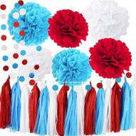 🐱 colorful cat in the hat themed party decorations: dr. suess inspired turquoise white red tissue pom poms, circles, and garlands for bridal shower, baby shower, birthdays, and wedding decor logo