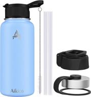 🥤 32oz vacuum insulated sports water bottle with straw lid - stainless steel, wide handle, thermos mug, light blue - includes cleaning brush logo