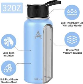 img 1 attached to 🥤 32oz Vacuum Insulated Sports Water Bottle with Straw Lid - Stainless Steel, Wide Handle, Thermos Mug, Light Blue - includes Cleaning Brush