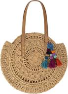 bohemian round straw beach bag for women – natural chic large shoulder handbag with wallet purse logo
