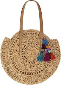 img 4 attached to Bohemian Round Straw Beach Bag for Women – Natural Chic Large Shoulder Handbag with Wallet Purse