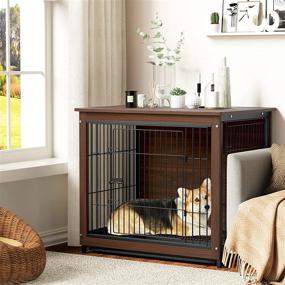 img 3 attached to 🏠 BingoPaw End Table Dog Crate: Double Door Wooden Pet Kennel with Floor Tray, Top Detachable - Indoor Dog House for Small Medium Dogs