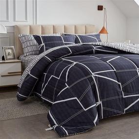 img 1 attached to Uozzi Bedding Queen Size Navy Blue Line Bed in a Bag - Soft Microfiber Reversible Comforter Set (Includes 7 Pieces: 1 Comforter, 2 Pillow Shams, 1 Flat Sheet, 1 Fitted Sheet, 2 Pillowcases)