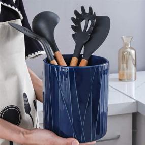 img 1 attached to Stylish and Functional: KOOV Large Ceramic Utensil Holder in Aegean Striped Series - Deep, Stable, and Roomy Kitchen Utensil Crock