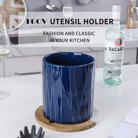 img 3 attached to Stylish and Functional: KOOV Large Ceramic Utensil Holder in Aegean Striped Series - Deep, Stable, and Roomy Kitchen Utensil Crock