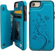 vaburs iphone 7/8/se 2020 case wallet with card holder, embossed butterfly premium pu leather double magnetic buttons flip shockproof protective cover - blue logo