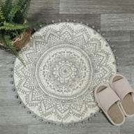 🌼 boho gray mandala uphome round small area rug 2ft with chic pom pom fringe - soft non-slip velvet floor throw rug for bedroom, living room, and bathroom decor logo