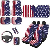 american flag print car seat covers full set with 2 seat belt pads & universal 15 inch steering wheel cover, car windshield sunshade, and car floor mats - suitable for cars, trucks, suvs, or vans logo